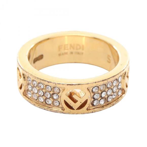 FENDI F logo ring with gold-plated rhinestones available in gold and clear.